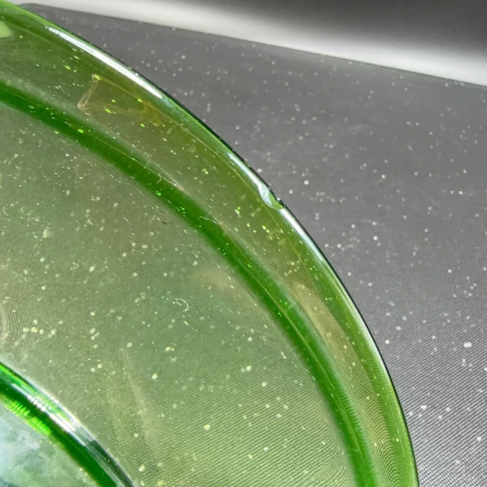 Aromatique Green Swirl Glass Bowl Mouth Blown 6x8 Made in USA Footed Centerpiece